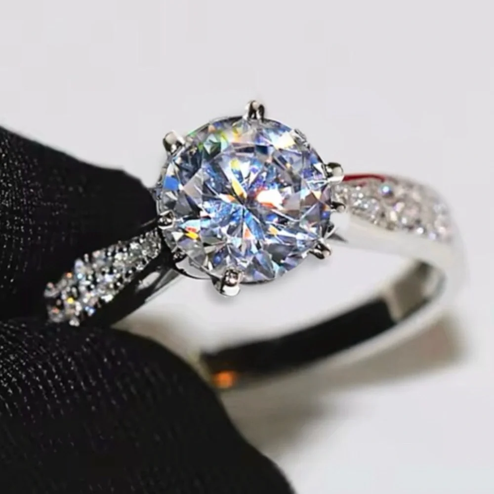 New 925 silver simulated round solitaire pave diamond engagement wedding ring